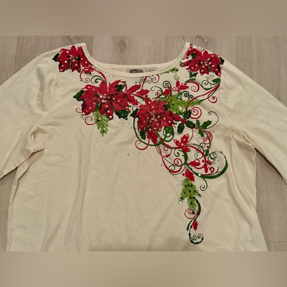 Poinsettia Sequin Christmas Top, Cream, 3/4 Sleeves, XL, Sparkly Holiday Style - Picture 1 of 12